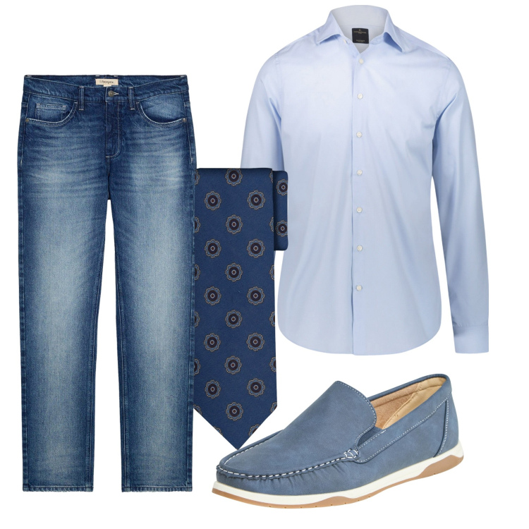 Outfit uomo - Casual in jeans. Stile Business/Elegante per Ufficio. Abbinamento con jeans dritti, scarpe stringate, camicie, cravatte.