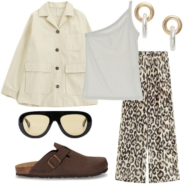 Outfit donna - Safari Urbano: Comfort e stile. Stile Casual chic per Tutti i giorni. Abbinamento con cappotti, pantaloni a palazzo, occhiali da sole, top, orecchini, sabot.
