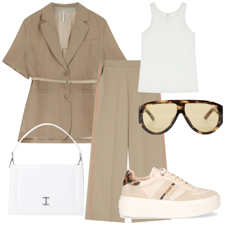 Outfit donna - Imperial - FW25. Stile Casual per Tutti i giorni. Abbinamento con borse a tracolla, occhiali da sole, pantaloni, top, blazer, sneakers.