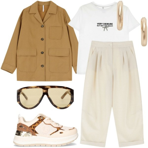 Outfit donna - Urban Chic con un tocco wild. Stile Urban per Tutti i giorni. Abbinamento con t-shirt, occhiali da sole, cappotti, pantaloni, orecchini, sneakers.