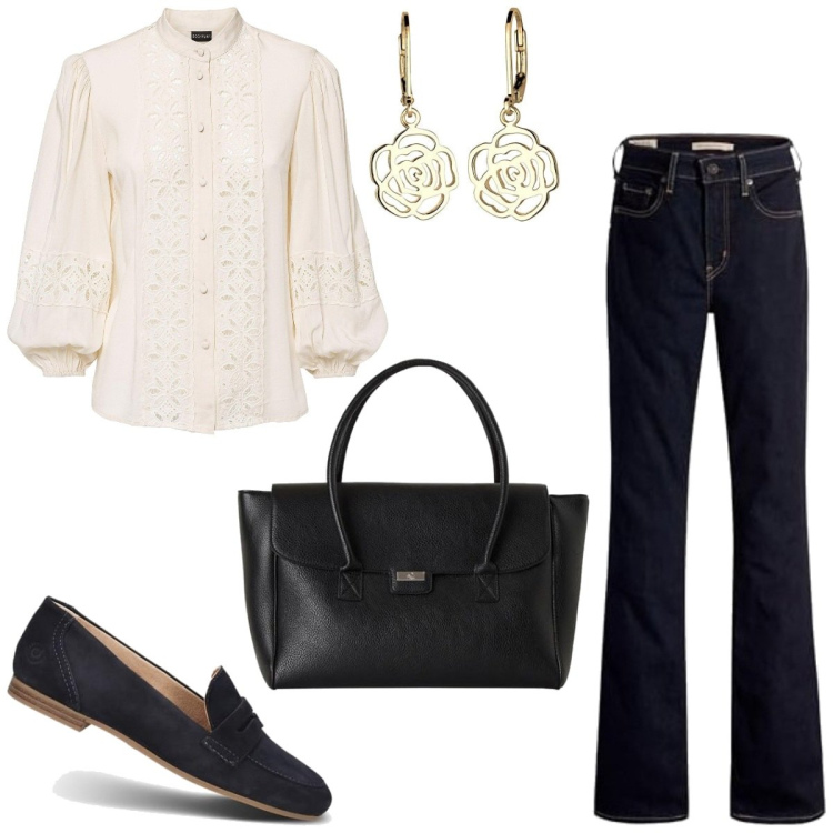 Outfit femme - Simplicité et élégance. Style Basique pour Bureau. Assortir avec tuniques, boucles d'oreilles, jean bootcut, sac cabas, mocassins.
