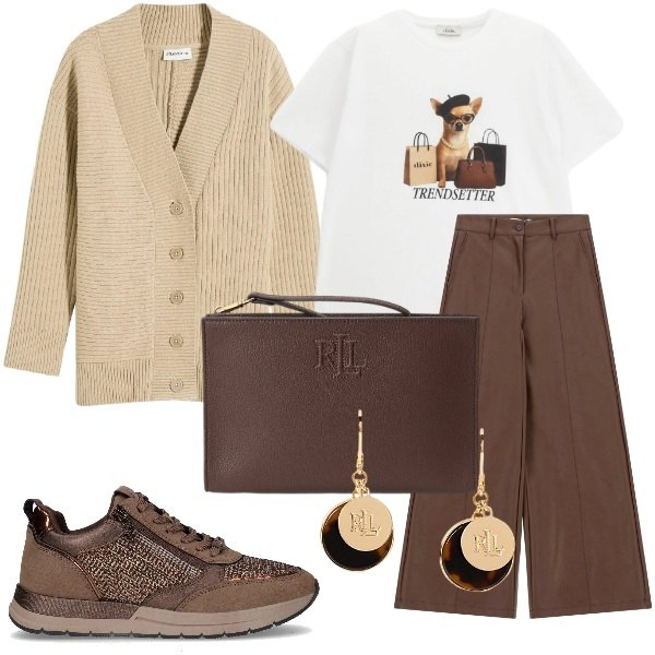 Outfit donna - Trendsetter in beige e cioccolato. Stile Casual chic per Tutti i giorni. Abbinamento con cardigans, pantaloni a palazzo, t-shirt, orecchini, pochette, sneakers.