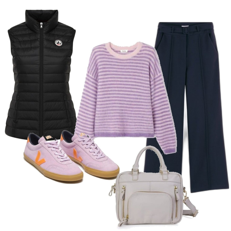 Outfit mujer - Casual look. Estilo Casual para Todos los días. Combinación con bolsos de mano, plumíferos, pantalones, prendas de punto, sneakers.