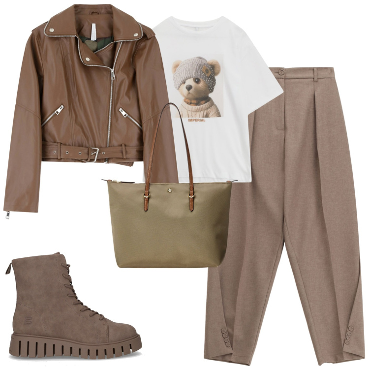 Outfit donna - Imperial. Stile Urban per Tutti i giorni. Abbinamento con giacche, t-shirt, pantaloni, borse tote, stivaletti.