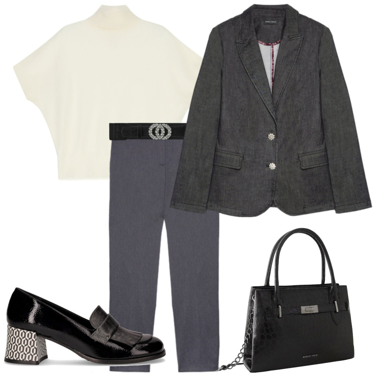 Outfit donna - Serata ristorante gourmet. Stile Casual chic per Serata fuori. Abbinamento con borse a mano, cinture, maglieria, blazer, pantaloni, mocassini.