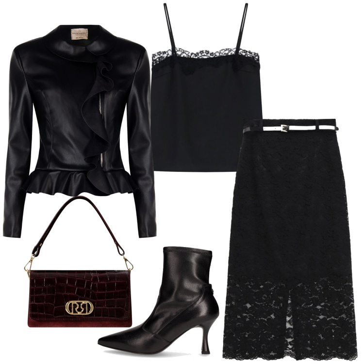 Outfit donna - Total look #2249510. Stile Chic per Serata fuori. Abbinamento con blazer, borse a mano, canottiere, gonne lunghe, stivaletti.