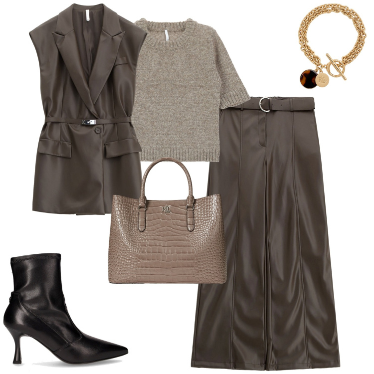 Outfit donna - Grintosa in città. Stile Urban per Tutti i giorni. Abbinamento con gilet, maglieria, pantaloni, braccialetti con ciondoli, borse a mano, stivaletti.