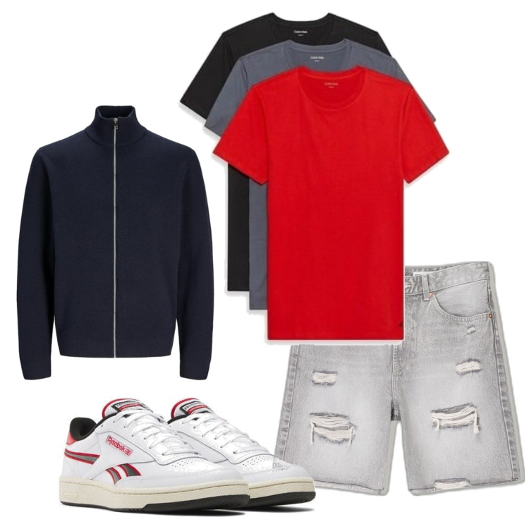 Outfit hombre - Casual look. Estilo Casual para Todos los días. Combinación con sneakers, bermudas, camiseta, cárdigans.