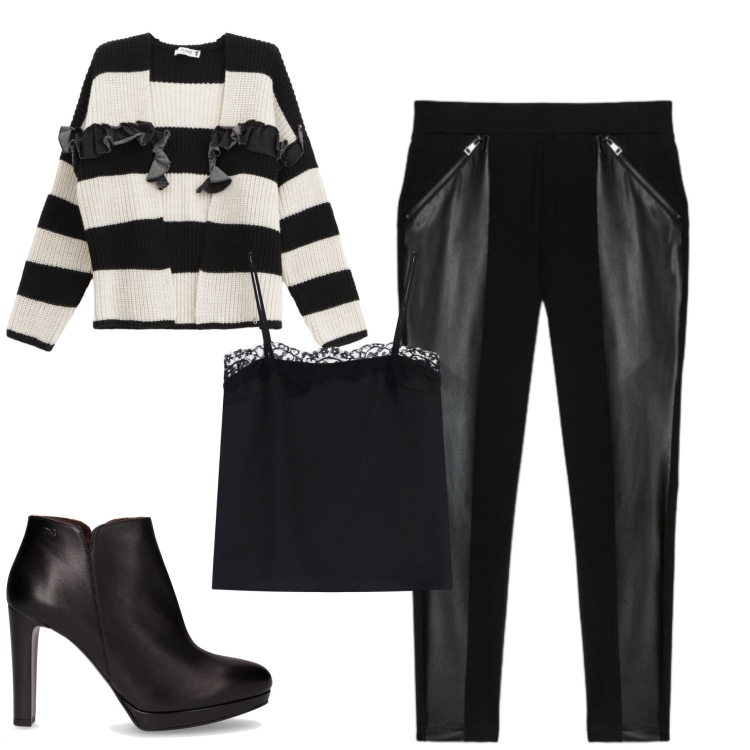 Outfit donna - City. Stile Urban per Tutti i giorni. Abbinamento con cardigans, canottiere, leggings, stivaletti.