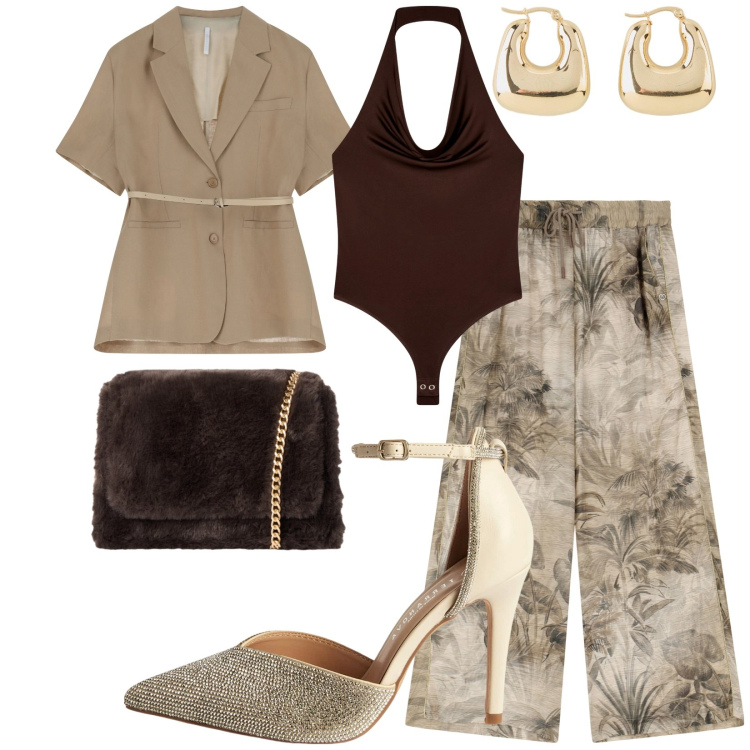 Outfit donna - Total look #2249517. Stile Glamour per Serata fuori. Abbinamento con orecchini, décolleté, body, borse a tracolla, blazer, pantaloni.