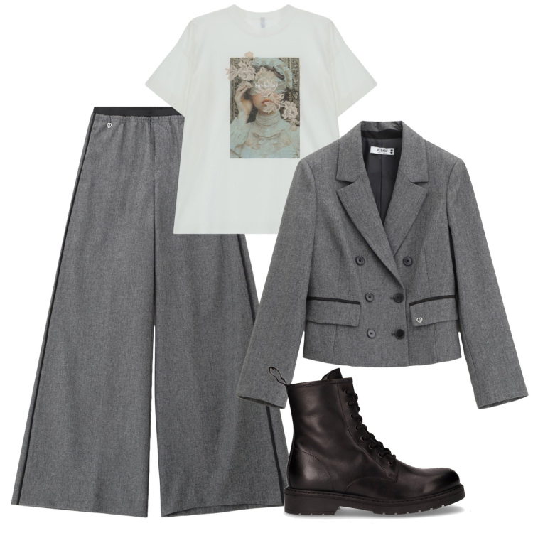 Outfit donna - Completo urbano. Stile Urban per Tutti i giorni. Abbinamento con t-shirt, pantaloni, blazer, anfibi.