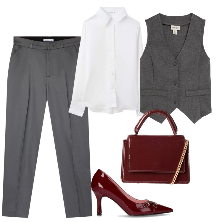 Outfit donna - In ufficio grigio accessori bordeaux. Stile Trendy per Ufficio. Abbinamento con gilet, pantaloni chino, camicie, borse a tracolla, décolleté.