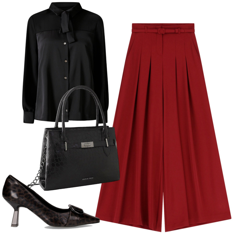 Outfit donna - Il rosso e il nero. Stile Urban per Tutti i giorni. Abbinamento con borse a mano, camicie, pantaloni a palazzo, décolleté.