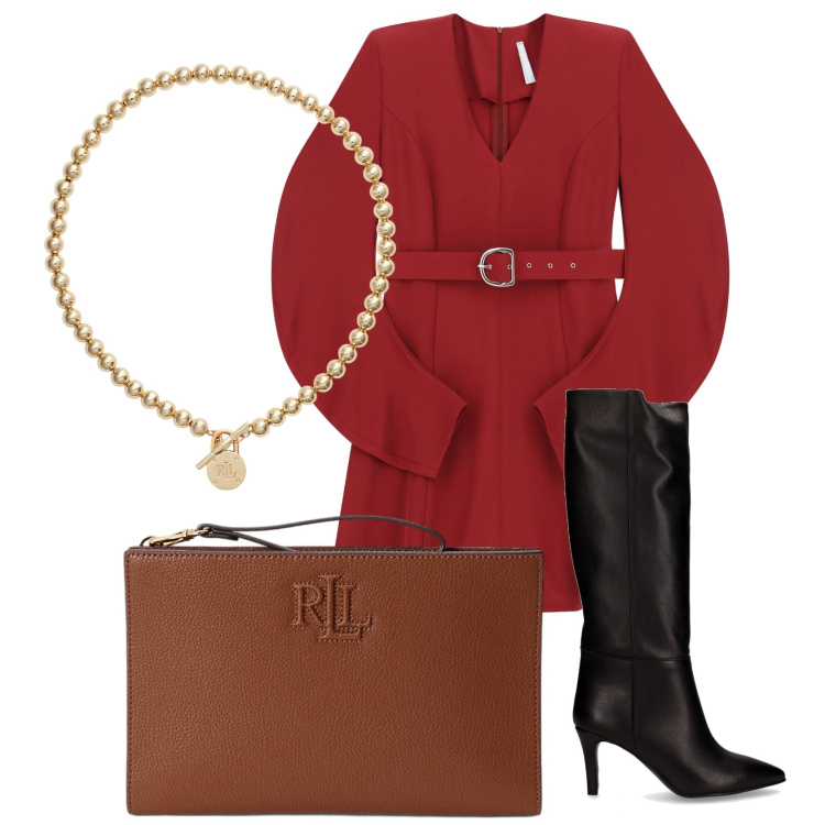 Outfit donna - Total look #2249524. Stile Glamour per Serata fuori. Abbinamento con vestiti corti, collane, pochette, stivali.