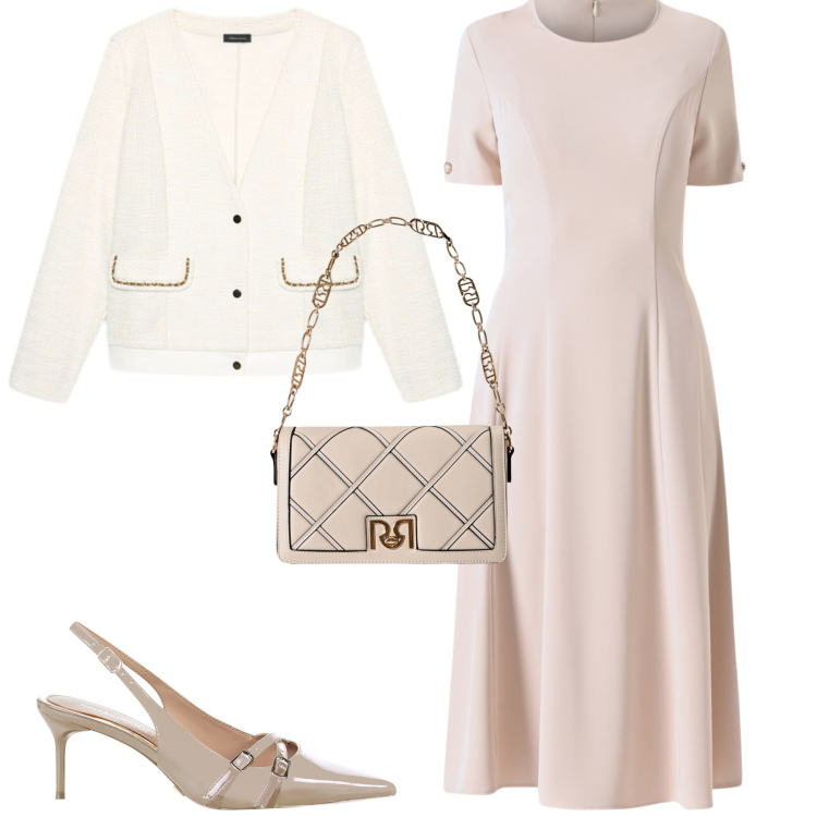 Outfit donna - Rinascimento. Stile Minimal per Tutti i giorni. Abbinamento con vestiti, borse a tracolla, décolleté, blazer.