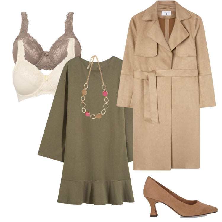 Outfit donna - Trench lungo e abitino. Stile Trendy per Ufficio. Abbinamento con vestiti corti, reggiseni, trench, collane, décolleté.