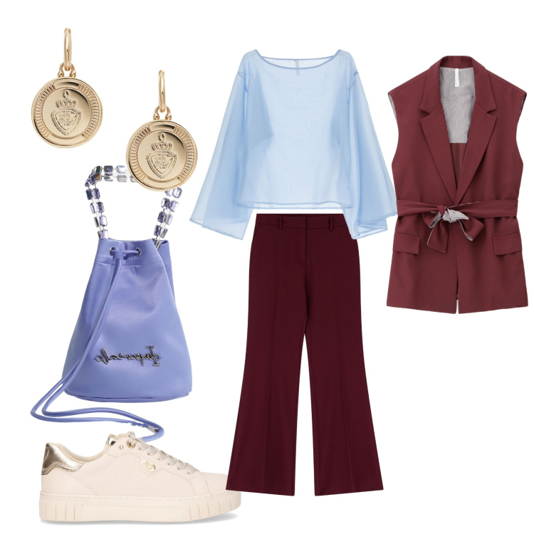 Outfit donna - Ripartenza autunno. Stile Casual chic per Tutti i giorni. Abbinamento con bluse, gilet, borse a secchiello, pantaloni, orecchini, sneakers.