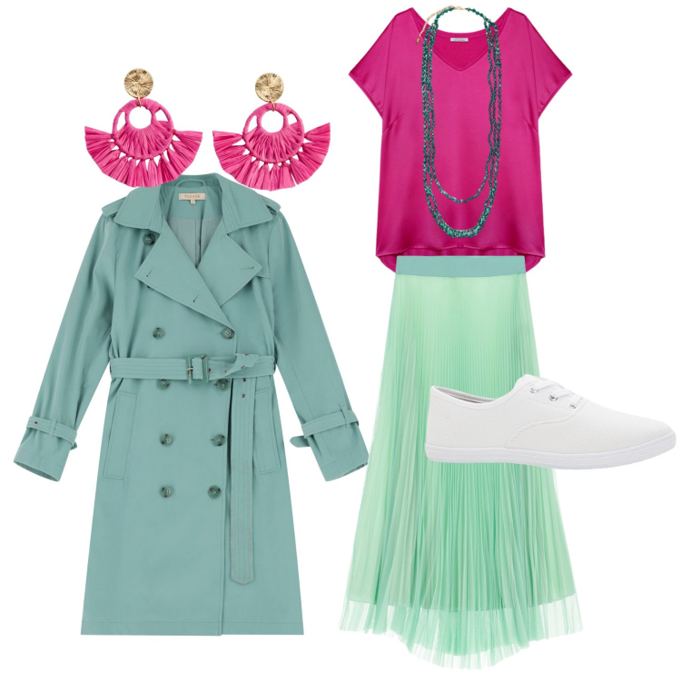 Outfit donna - La pioggia non ci fermerà. Stile Romantica per Tutti i giorni. Abbinamento con sneakers, orecchini, trench, gonne lunghe, t-shirt, collane.