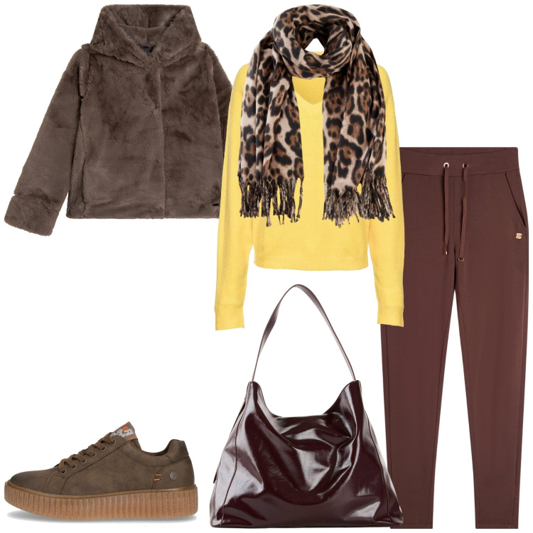 Outfit donna - Total look #2249540. Stile Sporty chic per Tutti i giorni. Abbinamento con maglieria, foulard, shopping bag, pantaloni, blazer, sneakers.
