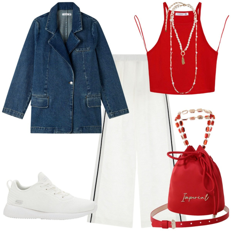 Outfit donna - Giacca di jeans. Stile Sporty chic per Tutti i giorni. Abbinamento con sneakers, blazer, top, pantaloni a palazzo, borse a secchiello, collane.