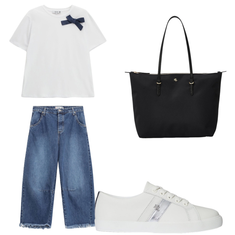 Outfit donna - Aperitivo. Stile Trendy per Tutti i giorni. Abbinamento con jeans, t-shirt, borse tote, sneakers.
