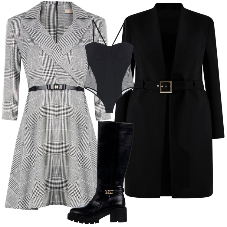 Outfit donna - Total look #2249621. Stile Trendy per Tutti i giorni. Abbinamento con vestiti corti, stivali sopra il ginocchio, trench, body.