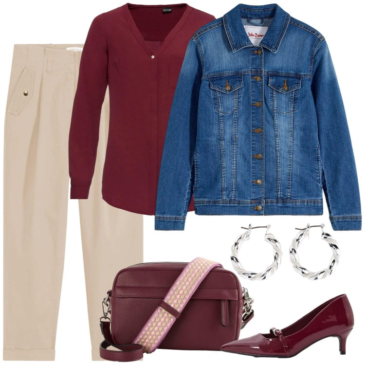 Outfit donna - Soprattutto il jeans. Stile Casual chic per Ufficio. Abbinamento con camicie, orecchini, blazer, pantaloni, borse a tracolla, décolleté.