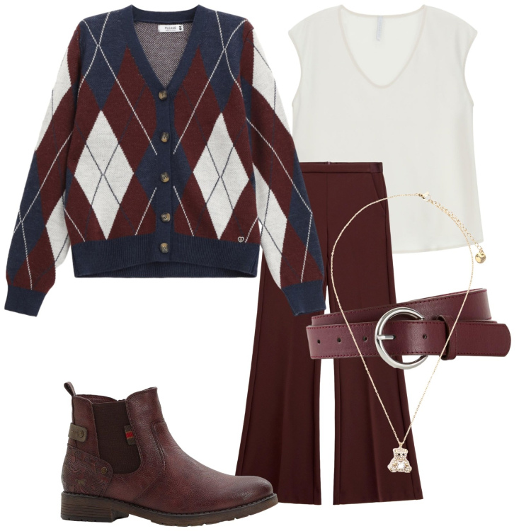 Outfit donna - I primi freschetti. Stile Casual per Tutti i giorni. Abbinamento con stivaletti, cinture, pantaloni, top, cardigans, ciondoli.