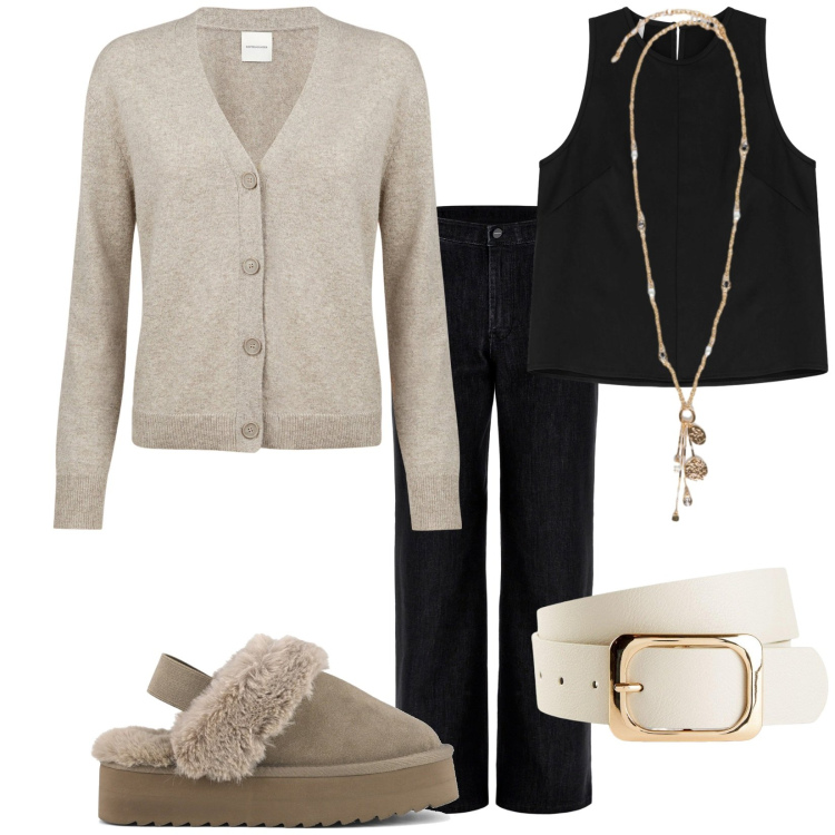 Outfit donna - Total look #2249680. Stile Casual chic per Tutti i giorni. Abbinamento con cinture, top, jeans, cardigans, sabot, ciondoli.