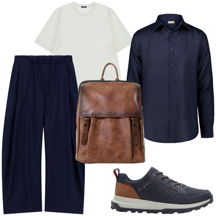 Outfit uomo - Nella mia agenzia. Stile Trendy per Ufficio. Abbinamento con sneakers, borse sportive, t-shirt, pantaloni, camicie.