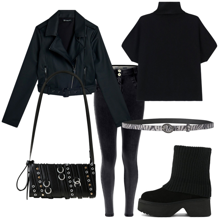 Outfit donna - Serata in black. Stile Rock per Serata fuori. Abbinamento con cinture, borse a spalla, maglieria, jeans skinny, giacche, stivali.