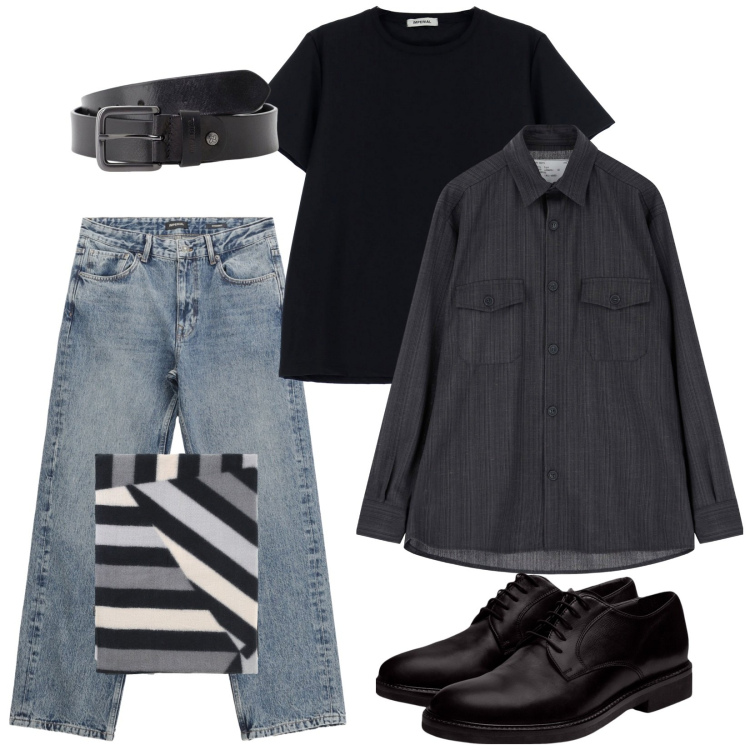 Outfit uomo - Jeans e stringate. Stile Trendy per Serata speciale. Abbinamento con camicie, cinture, t-shirt, jeans dritti, sciarpe, scarpe stringate.