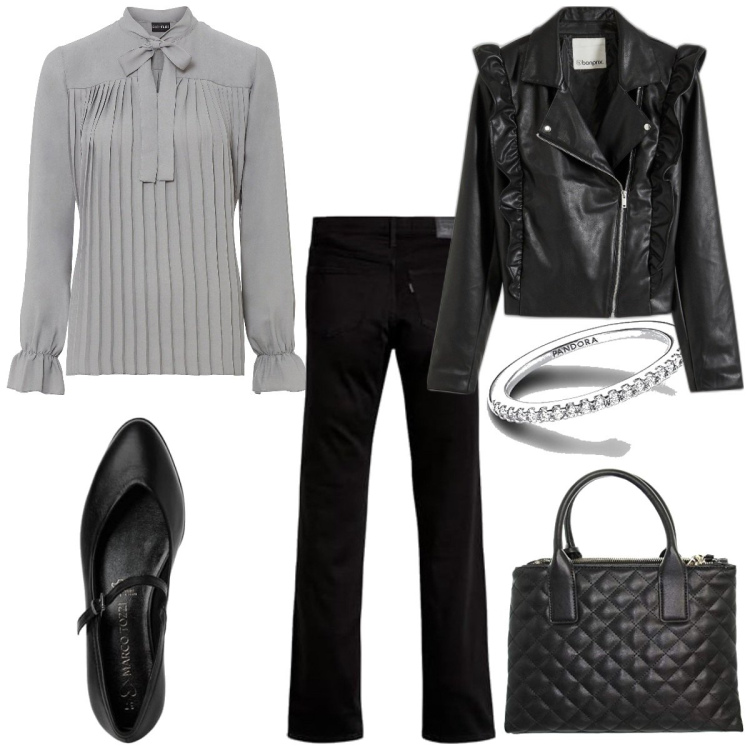 Outfit femme - Basique touche rock. Style Rock pour Bureau. Assortir avec tuniques, blazers, jeans, ballerines, sacs cartable, bagues.