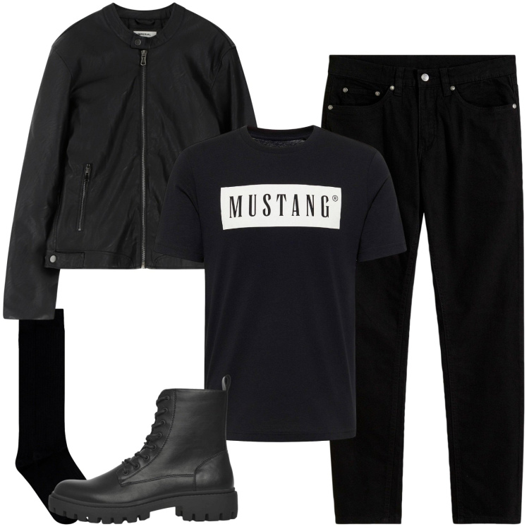 Outfit uomo - Men in Black. Stile Biker Rock per Serata speciale. Abbinamento con jeans slim fit, t-shirt, anfibi, giacche, calzini.