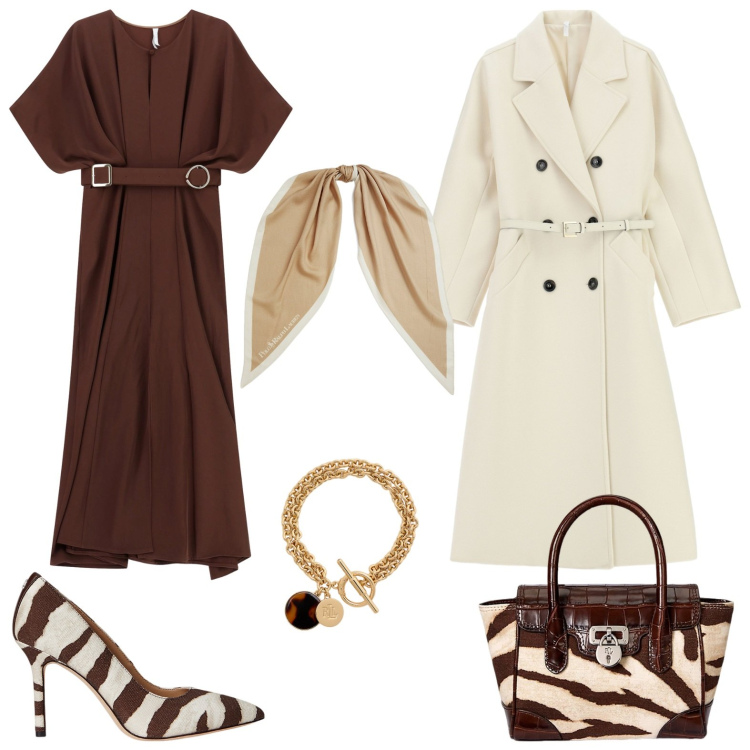 Outfit donna - Total look #2249776. Stile Chic per Serata fuori. Abbinamento con cappotti, vestiti lunghi, décolleté, borse a mano, braccialetti con ciondoli, foulard.