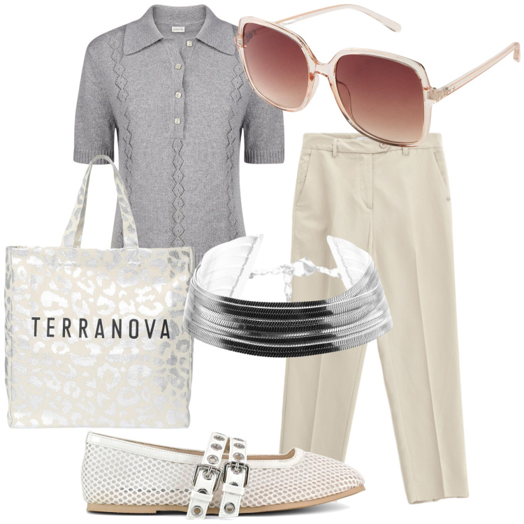Outfit donna - Semplicemente perfetta. Stile Urban per Tutti i giorni. Abbinamento con occhiali da sole, borse tote, pantaloni chino, braccialetti, polo, ballerine.