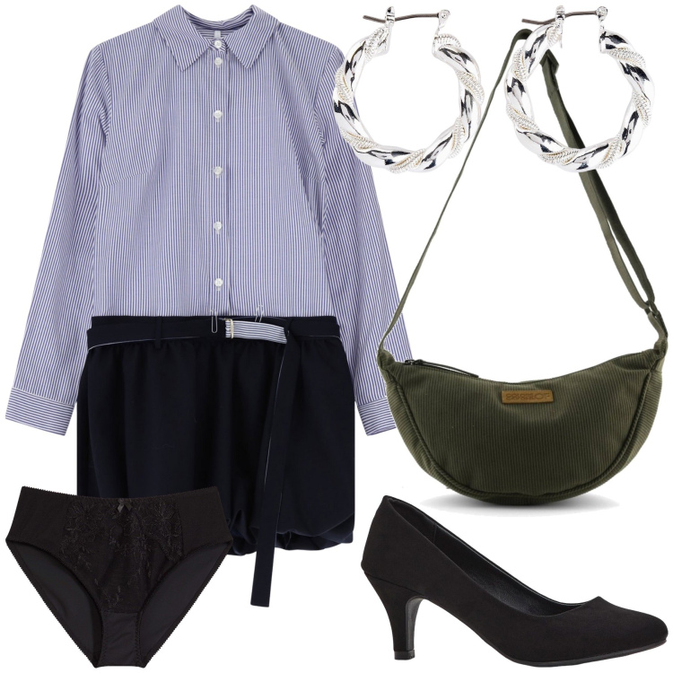 Outfit donna - Oggi in ufficio. Stile Trendy per Ufficio. Abbinamento con décolleté, orecchini, culotte, vestiti corti, borse a tracolla.