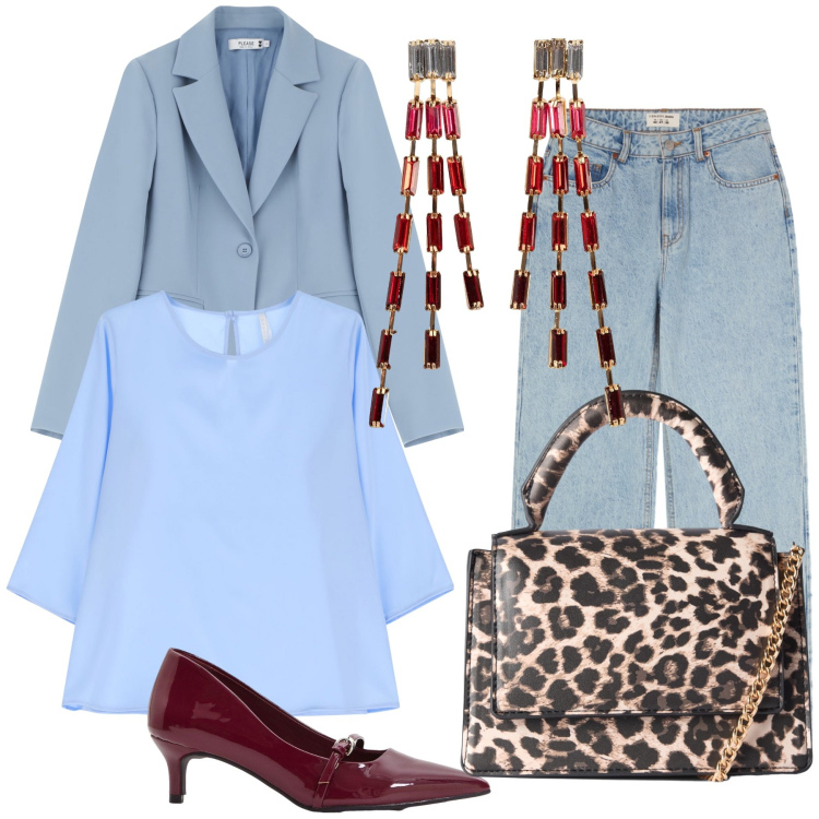 Outfit donna - Jeans da ufficio. Stile Sporty chic per Ufficio. Abbinamento con orecchini, décolleté, borse a tracolla, jeans, blazer, bluse.