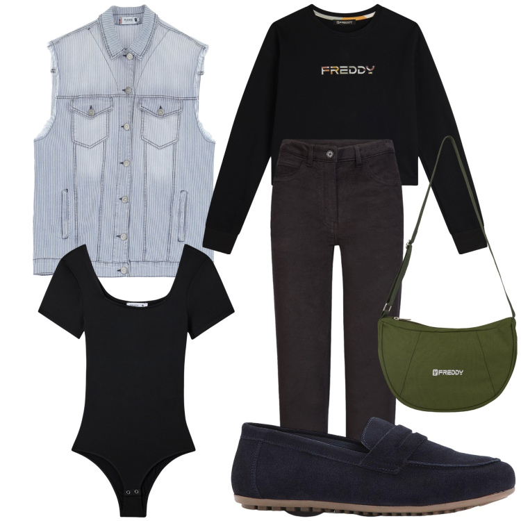 Outfit donna - Originale gilet. Stile Basic per Tutti i giorni. Abbinamento con mocassini, body, gilet, borse a spalla, felpe, pantaloni.