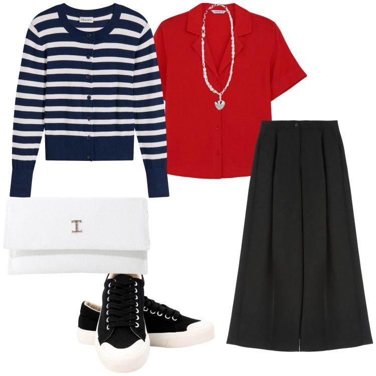 Outfit donna - Commissioni settembrine. per Tutti i giorni. Abbinamento con cardigans, camicie a manica corta, pantaloni a palazzo, borse a tracolla, sneakers, collane.