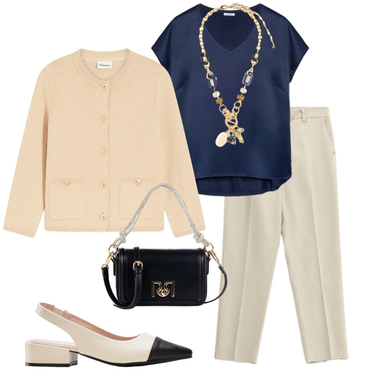 Outfit donna - A scuola. per Scuola/Università. Abbinamento con décolleté, cardigans, borse a mano, pantaloni chino, t-shirt, collane.