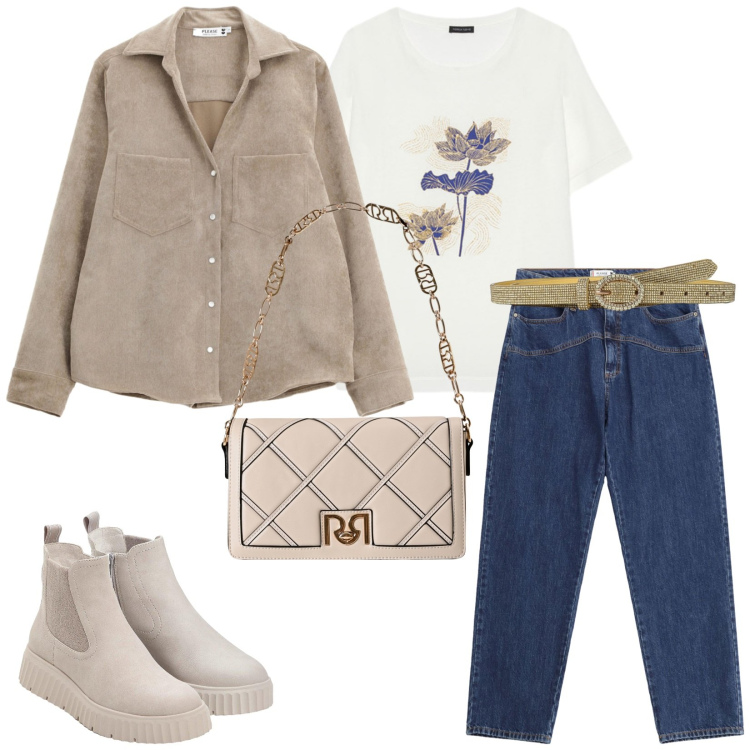 Outfit donna - Urban. per Tutti i giorni. Abbinamento con stivaletti, cinture, borse a tracolla, camicie, jeans, t-shirt.