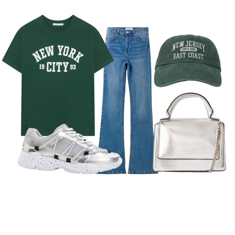 Outfit donna - Jeans e t-shirt. Stile Casual per Tutti i giorni. Abbinamento con sneakers, t-shirt, borse a tracolla, cappelli con visiera, jeans a zampa.