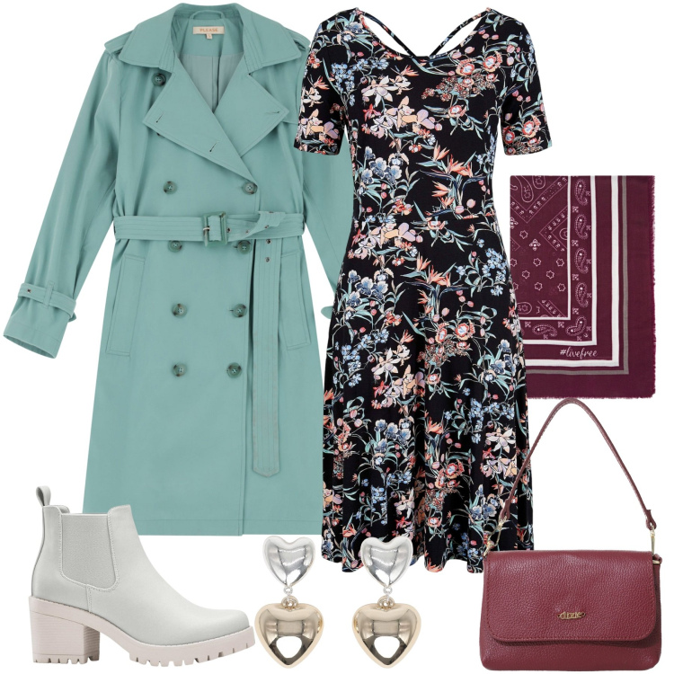 Outfit donna - Il trench fluido. Stile Romantica per Tutti i giorni. Abbinamento con stivaletti chelsea, vestiti midi/longuette, orecchini, trench, borse a tracolla, foulard.