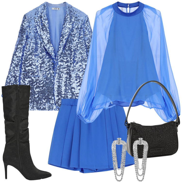 Outfit donna - Trasparenze e paillettes. Stile Trendy per Serata fuori. Abbinamento con borse a mano, orecchini, stivali, blazer, camicie, gonne.