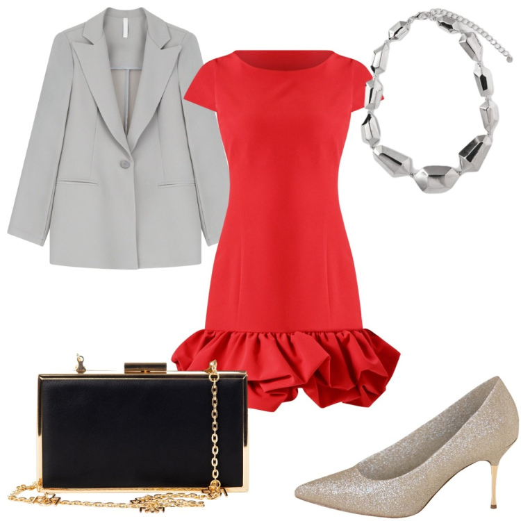 Outfit donna - Chic e glamour al ristorante gourmet. Stile Glamour per Serata fuori. Abbinamento con vestiti, pochette, décolleté, blazer, ciondoli.