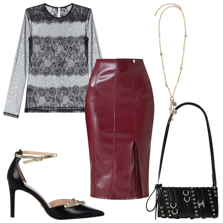 Outfit donna - Serata glamour al ristorante gourmet. Stile Glamour per Serata fuori. Abbinamento con décolleté, gonne longuette, borse a spalla, bluse, ciondoli.