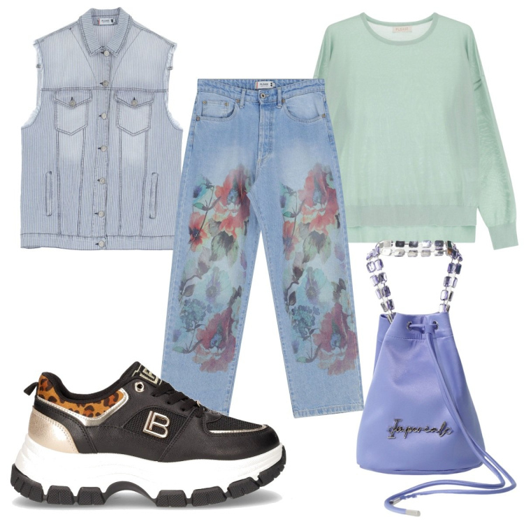 Outfit donna - Please FW25 takes New York trendy. Stile Trendy per Tutti i giorni. Abbinamento con jeans dritti, pullovers, gilet, borse a secchiello, sneakers.