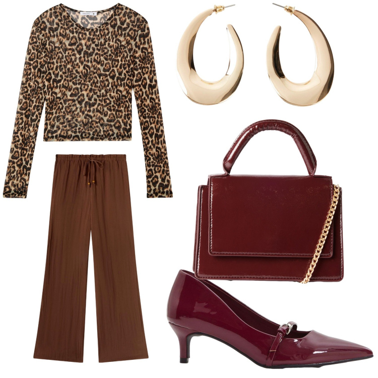 Outfit donna - Colori caldi per l\'autunno. Stile Casual chic per Tutti i giorni. Abbinamento con orecchini, décolleté, t-shirt, pantaloni, borse a tracolla.