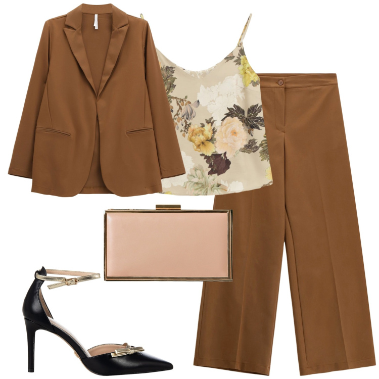 Outfit donna - Imperial. Stile Urban per Tutti i giorni. Abbinamento con décolleté, pochette, pantaloni a palazzo, top, blazer.